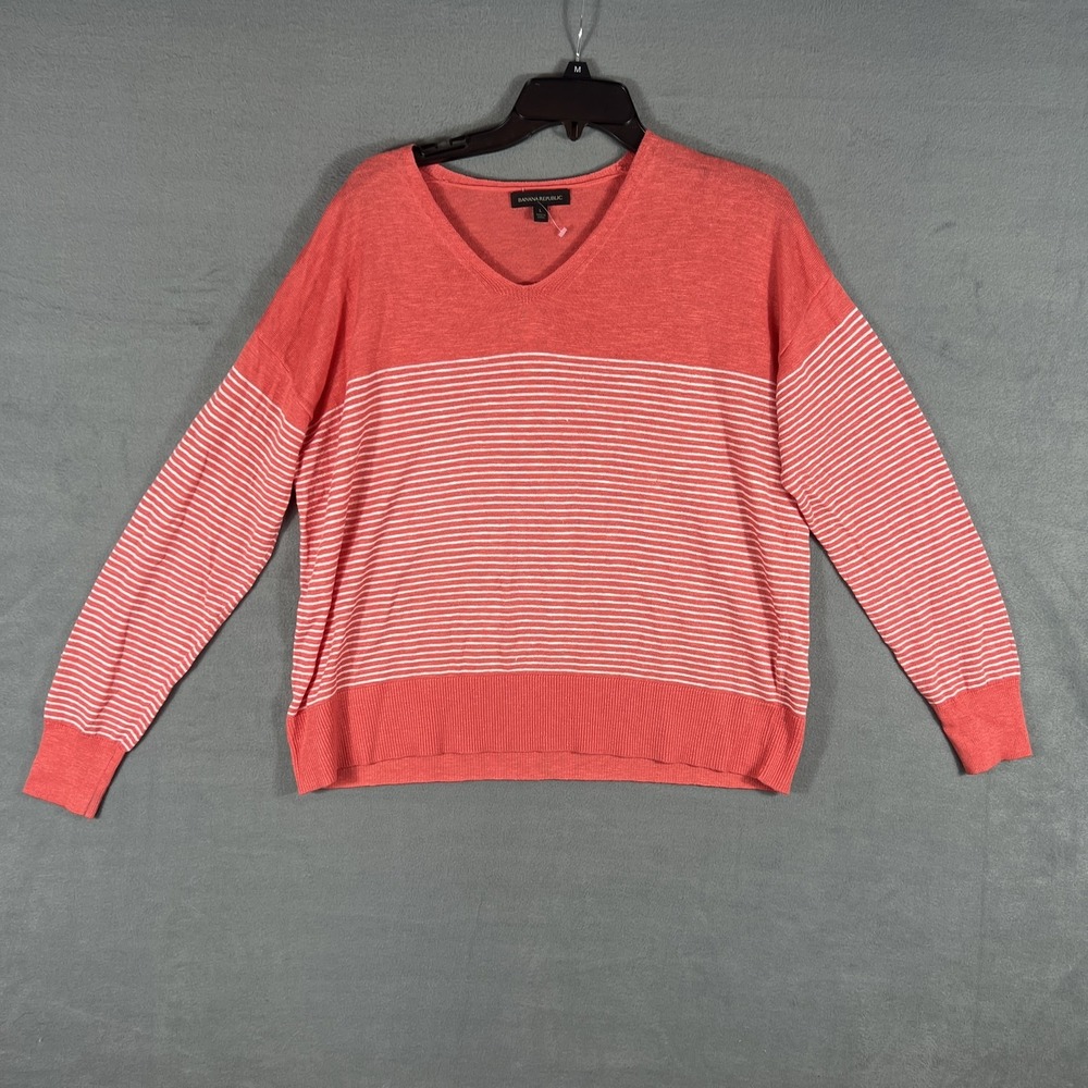 Banana Republic Women's Size L Coral White Striped V-Neck Linen Blend Sweater